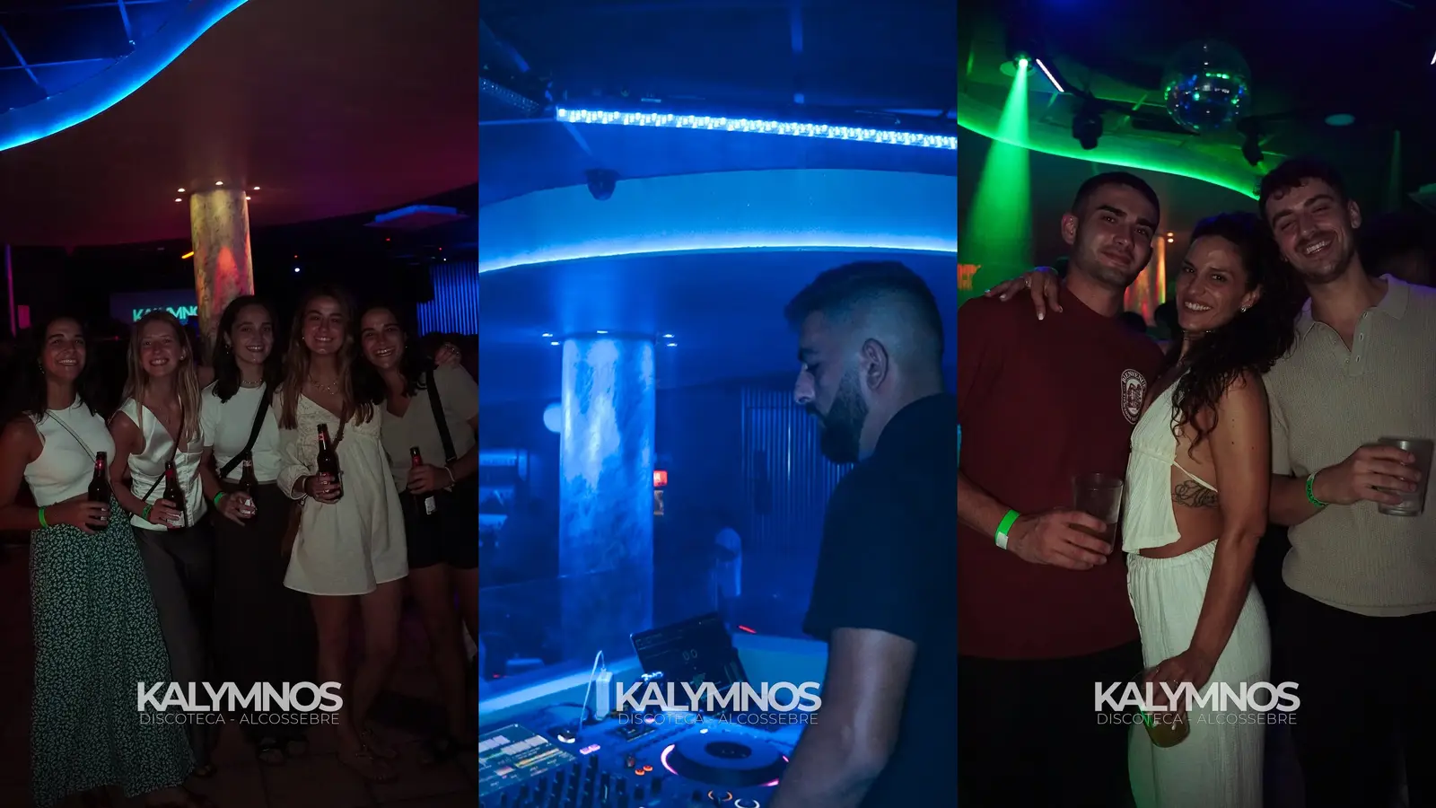 Discoteca Kalymnos di Alcossebre: gruppi di amici in pista e DJ nella consolle illuminata di blu